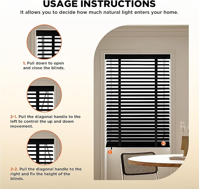 2" Slats Wood Blinds for Indoor Windows: Solid Wooden Blackout Blinds & Shades,Black Out Privacy Horizontal Blinds for Home Bedroom Bathroom Living Room Windows and Doors 35.5" WX64 H Black