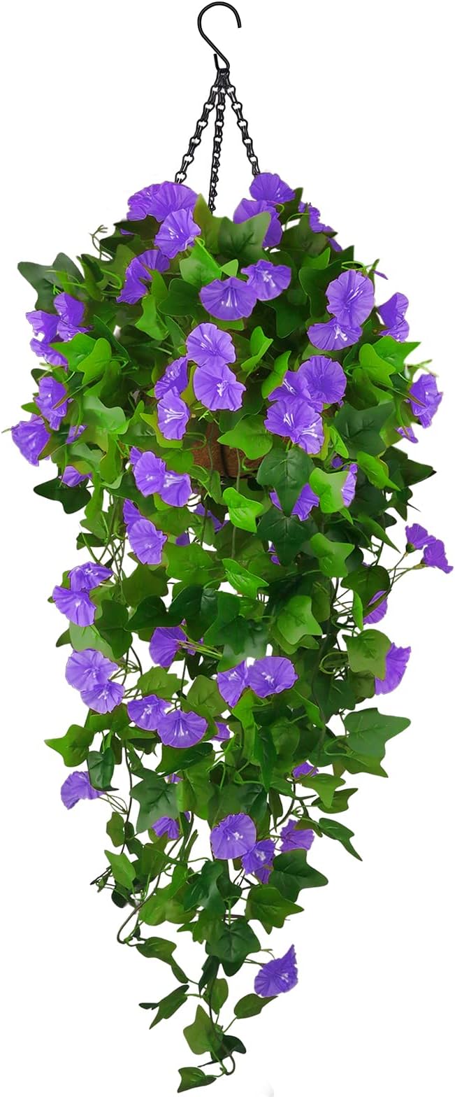 Artificial Fake Hanging Flowers Plants Basket for Spring Outdoor Outside Decoration, UV Resistant Faux Plastic Fabric Flower Morning Glory Wisteria Petunia for Garden Porch Patio Balcony Yard Decor