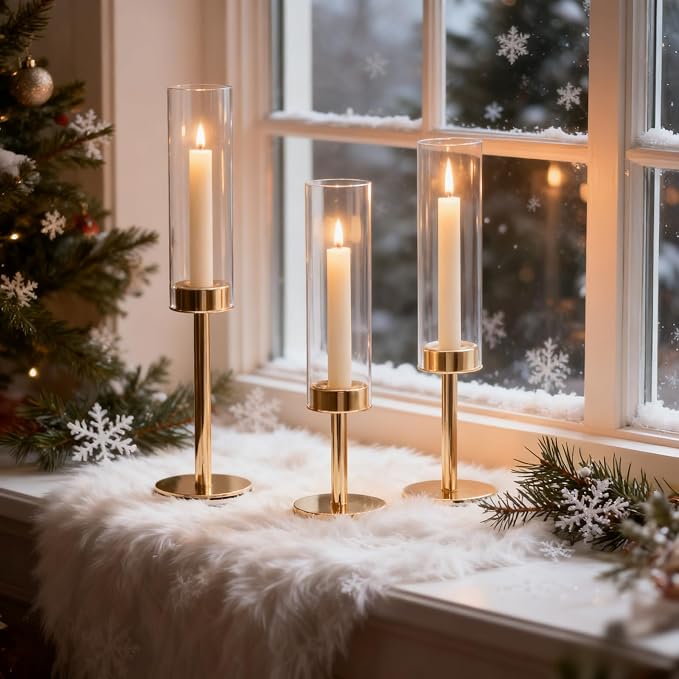 Gold Hurricane Glass Candle Holders Set of 3 Brass Taper Candlestick Holder | Windproof Flameless Candle Holder, Tall Candle Stick Holder, Table Centerpieces for Wedding, Christmas Party, Fireplace Decor
