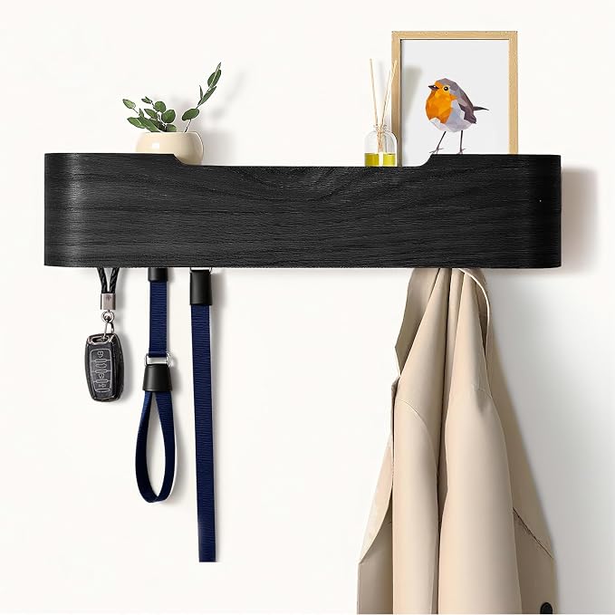 Coat Rack Wall Mount with Hidden Hooks, Wall Hooks with Shelf, Wall Key Holder Mount Wooden Shelf Entryway Hooks for Bedroom Bathroom for Hanging Coats Hats Bags Towels (Black, 5 Hooks)
