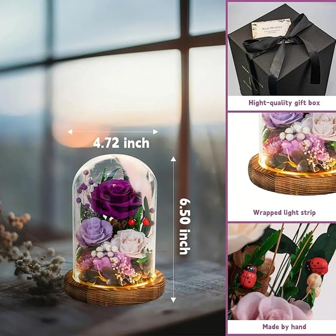 Forever Flower Gifts for MOM:Perfect Mothers Day Flowers for Mom Wife Grandma-Preserved Flower with Symbolic Ladybugs–Flowers for Delivery Prime on Anniversary Birthday (Purple)