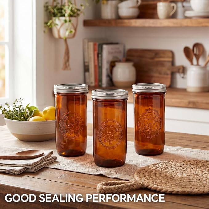 Norme 8 Pieces Amber Mason Jars 24 oz Amber Glass Mason Jar with Airtight Lids Canning Apothecary for Pickle Fermenting Canning Freezing Beverages Preserving