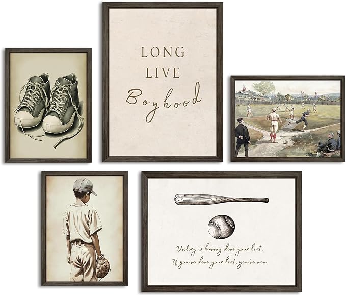 Baseball Nursery Wall Art Decor Vintage Boys Room Canvas Posters Sports Boy Pictures Baseball Vintage Nursery Painting Neutral Sport Kids Room Prints Wall Art for Bedroom 8x10x5 Inch Wood Framed