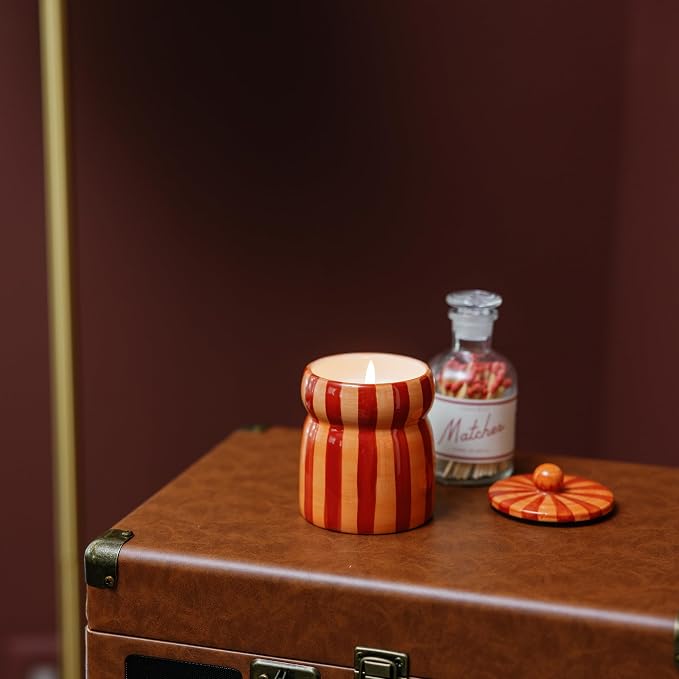 Paddywax Cabana Hand-Painted Scented Candle with Lid in Ceramic Reusable Jar, Clean-Burn Soy Candle, Spiced Apple Scent, Approx. 42 Hour Burn Time, 6.5 oz