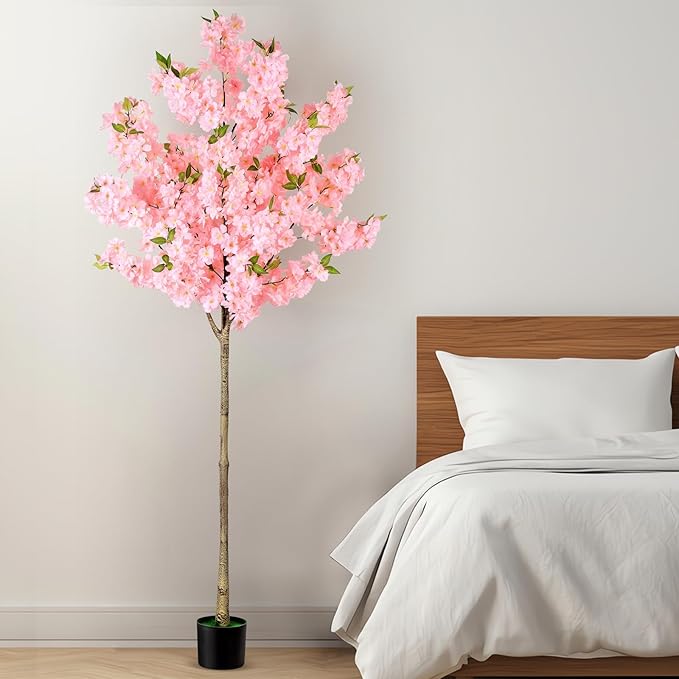 OUSHENG Artificial Cherry Blossom Tree, Fake Plants Indoor Decor, Faux Pink Sakura Flowers for Living Room Home House Entryway Bedroom Office Inside Decorations, 6FT