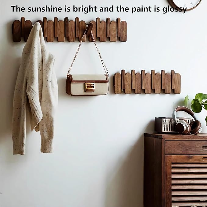 Wall Mounted Coat RackHooks Piano Key Hangers Natural Solid Wood Hanger Non-Woven Fabric Clothes Hangers for Closet, Kitchen, Bedroom, Bathroom, Entryway (Moon-Beech, 4 Hooks)