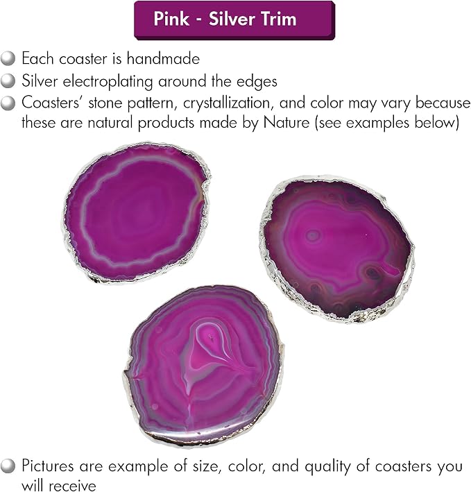 Nature's Decorations Pink Silver Rimmed Agate Stone Coasters - Set of 4, Polished Geode Drink Mats for Dining & Coffee Table & Kitchen Geode Decor Non-Toxic 3.5-4” Diameter