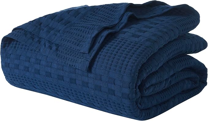 VHC Brands 100% Cotton Waffle Weave King Blanket 108"x90", Decorative Lightweight Spring and Summer Throw Blanket, Bedroom Decor for Bed, Couch, or Sofa, Navy