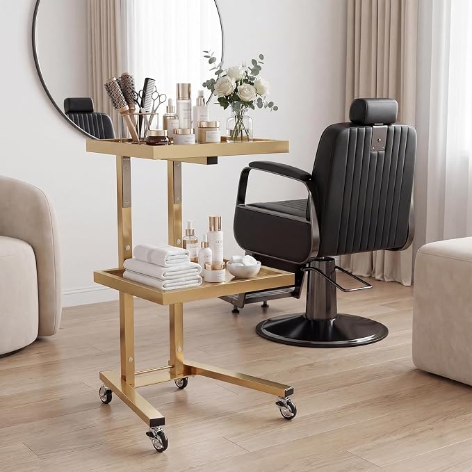 2-Tier Metal Rolling Cart – 34-Inch Folding Stainless Steel Salon Tray on Wheels, Utility Storage Trolley for Estheticians, Salon Studios and Shops, Dental Tools, Gold
