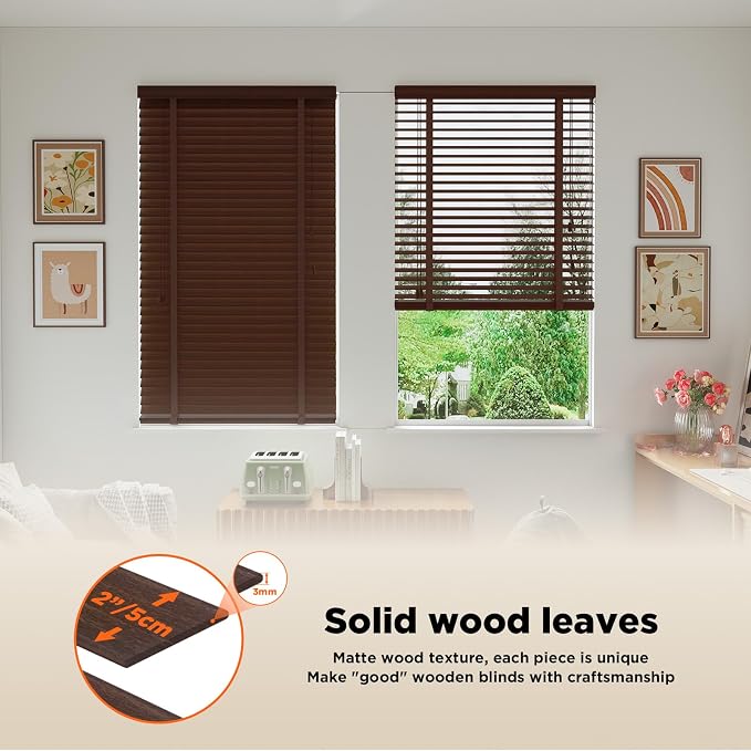 2" Slats Wood Blinds for Indoor Windows: Solid Wooden Blackout Blinds & Shades,Black Out Privacy Horizontal Blinds for Home Bedroom Bathroom Living Room Windows and Doors 41.5" WX72 H Dark Brown