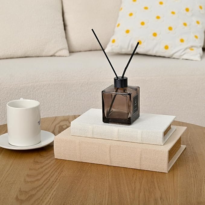 DECOR4SEASON Decorative Faux Book Storage Boxes Set of 2, Linen Fabric Textured Books, Off White, Modern Minimalist Home Decor, Bookshelf Accents for Coffee Table