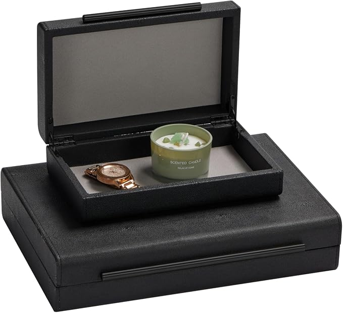 KIngflux Shagreen Decorative Boxes Set of 2-Modern Faux Leather Jewelry Orgazier, Engineered Wood Keepsake Boxes With Black Metal Handles for Home Decor Living Room Console Table, Gift (Black)