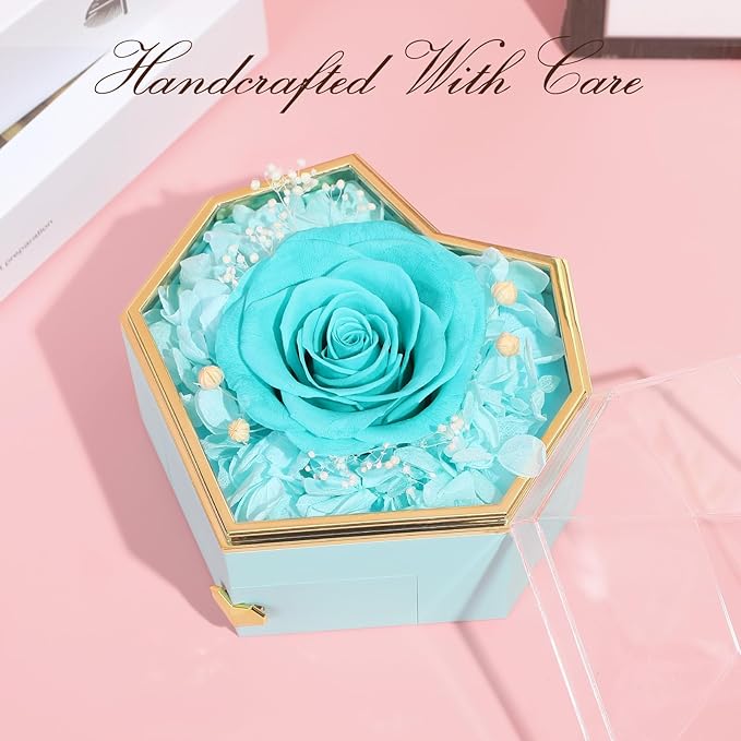 Preserved Cyan Real Rose with Necklace Forever Flowers Diamond shaped Box for Mom Wife Girlfriend Grandma on Mothers Day Birthday Valentines Christmas Anniversary Beatiful Gifts for women
