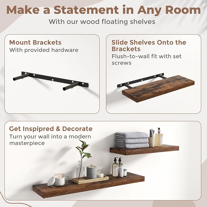 16 Inch Floating Shelves for Wall Set of 2, 8"D Wood Grain Bathroom Shelves with Invisible Brackets, Easy Install Engineered Wood Storage Shelves for Kitchen, Living Room, Bedroom, Rustic Brown Finish