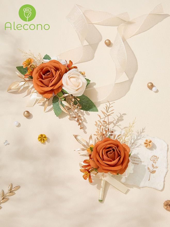 Alecono Orange Corsage and Boutonniere Set, Rose Corsage Wristlet for Women and Boutonniere for Men Wedding Prom Flower Accessories Suit Decorations