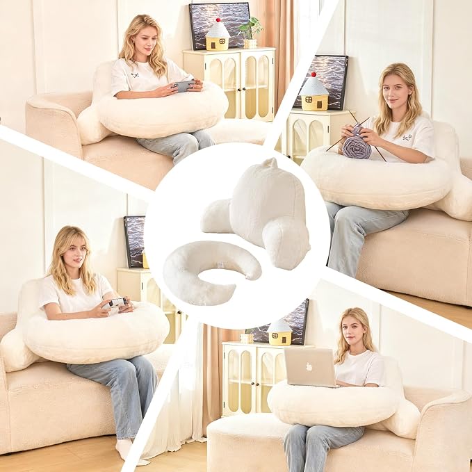 17" Reading Pillow for Bed,U Shaped Arm & Elbow Support,White Faux Fur | Backrest Supports Back,U Shaped Lap Pillow Cushions Arms,Elbows & Wrists,Plush Faux Fur for Reading,Gaming,Watching TV