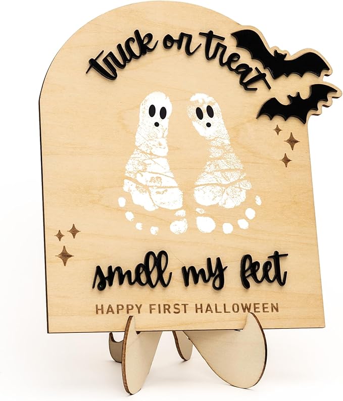 Baby’s First Halloween DIY Footprint Kit – Trick or Treat Wooden Milestone Card Keepsake Sign – Baby halloween Nursery Tabletop Décor, Newborn, halloween Kids stuff