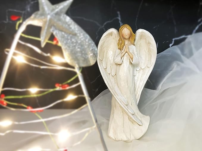 Hodao Praying Angel Figurine Resin Guardian Angel Statue for Home Decor, Elegant White Blessing Sculpture for Shelf Table Mantel, Keepsake Gift for Mom, Women and Family