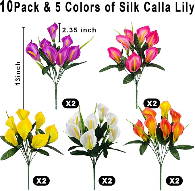 10 Bundles Outdoor Artificial Flowers Fake Silk Calla Lily Flowers UV Resistant Realistic for Home Outside Garden Porch Patio Potted Planter Window Box Indoor Table Decoration