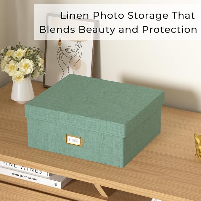 Decorative Photo Storage Box - Linen Photo Box Organizer with Dividers, Fits Holds Up to 1700 Pictures and 4x6 Photos, Memory Keepsake Organizer for Photos, Scrapbook Supplies, Cards, Stamps (Green)
