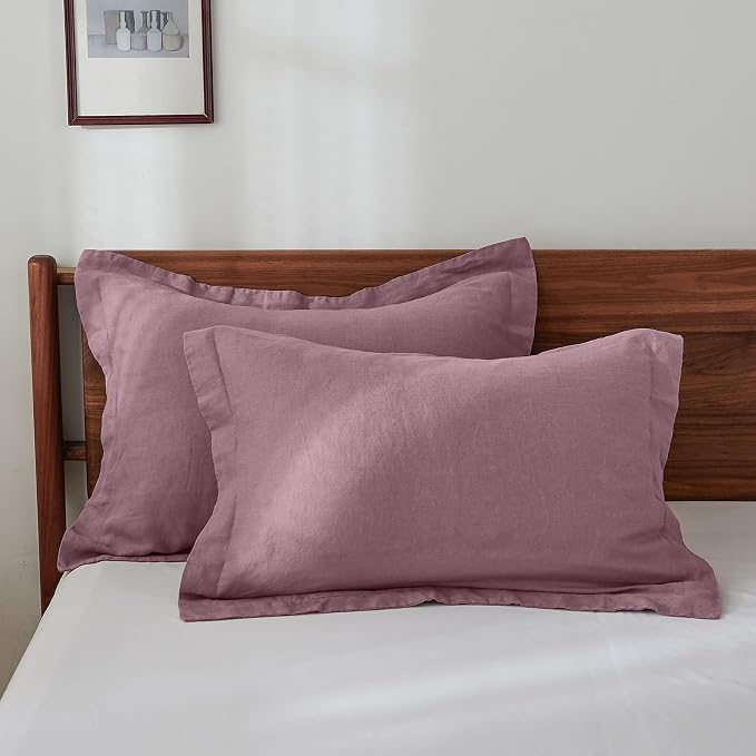 100% French Linen Pillow Shams Basic Style - Pack of 2 - Washed Solid Color Natural Flax Soft Breathable - Purple, 20'' x 36''