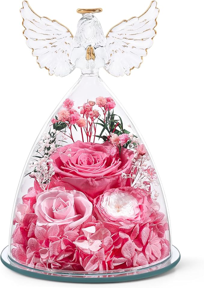 FIACO Gifts for Mom Women Birthday Preserved Rose in Glass Angel Figurine Forever Fresh Flower for Delivery, Mothers Day Flowers Gifts for Grandma Wife Daughter Pink