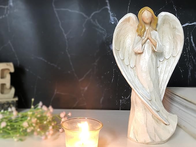 Hodao Praying Angel Figurine Resin Guardian Angel Statue for Home Decor, Elegant White Blessing Sculpture for Shelf Table Mantel, Keepsake Gift for Mom, Women and Family