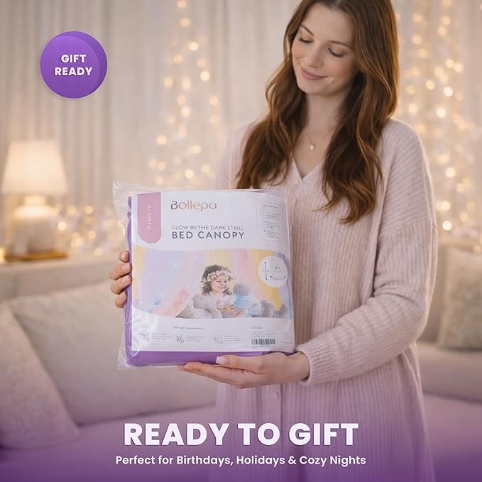 Bollepo Purple Bed Canopy for Girls with Glowing Stars - Princess Netting Room Decor, Ceiling Tent to Cover Toddler | Single, Twin, Full, Queen Size Kids Bed, Fire Retardant Fabric