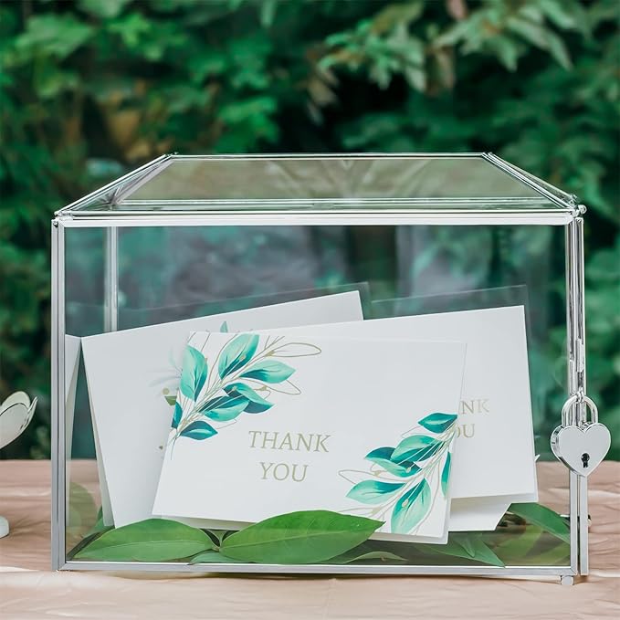 NCYP Small 10.2 x 5.9 x 7.9 Inches Silver Glass Cards Box with Slot and Lock for Wedding, Birthday Party - Geometric Card Holder, Home Decorative, Slot Length 6.3'' (Glass Box Only)
