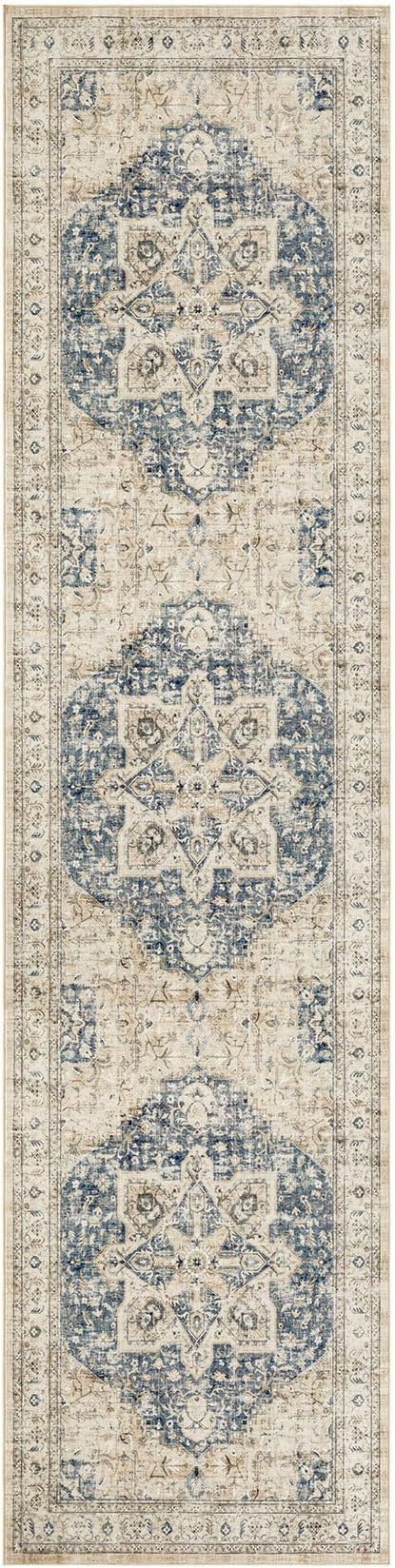Tortania Area Rug 3x10 Runner Rugs - Washable Vintage Oriental Farmhouse Thin Indoor Carpet for Living Room Bedroom Hallway Entryway Kitchen Under Dining Table Home Office - Cream/Blue