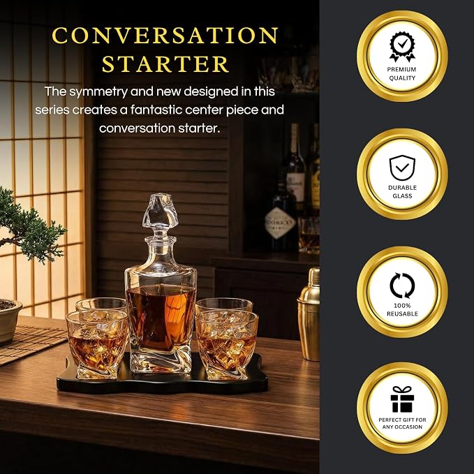 Ember Japanese Crystal Whisky Decanter Set with 4 Tumbler Glasses, Lead-Free Liquor Carafe & 10oz Rocks Glasses - Scotch Bourbon, Spirits & Wood Base Elegant Barware Gift for Men, Japan Design Gifts