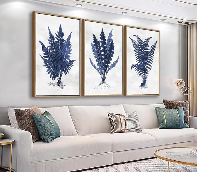 Large Botanical Wall Art for Living Room Natural Wood Float Framed Art Set of 3 Plant Pictures Boho Artwork Navy Blue Grass Canvas Prints for Bedroom Kitchen Home Office Wall Decor 32"X48"X3