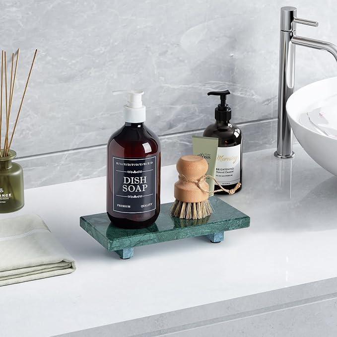 Natural Marble Tray Pedestal Stand – Soap & Jewelry Riser for Bathroom Counter, Kitchen Sink, Vanity Organizer, Decorative Stone Catchall for Perfume, Candles