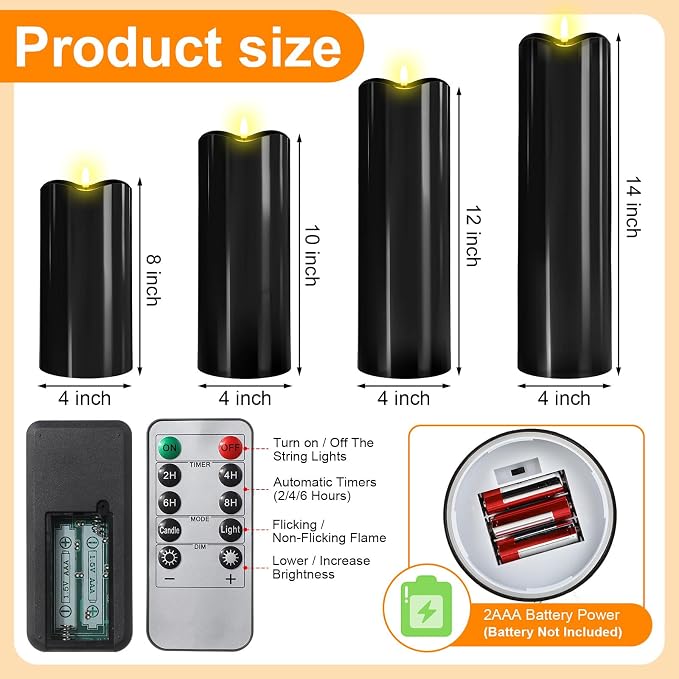 Rossesay 8" 10" 12" 14" X 4" Large Waterproof Outdoor Flameless Candles, 4 Pcs LED Pillar Candles with Remote and Timers Battery Operated Jumbo Flickering for Home Patio Church Lanterns(Black)