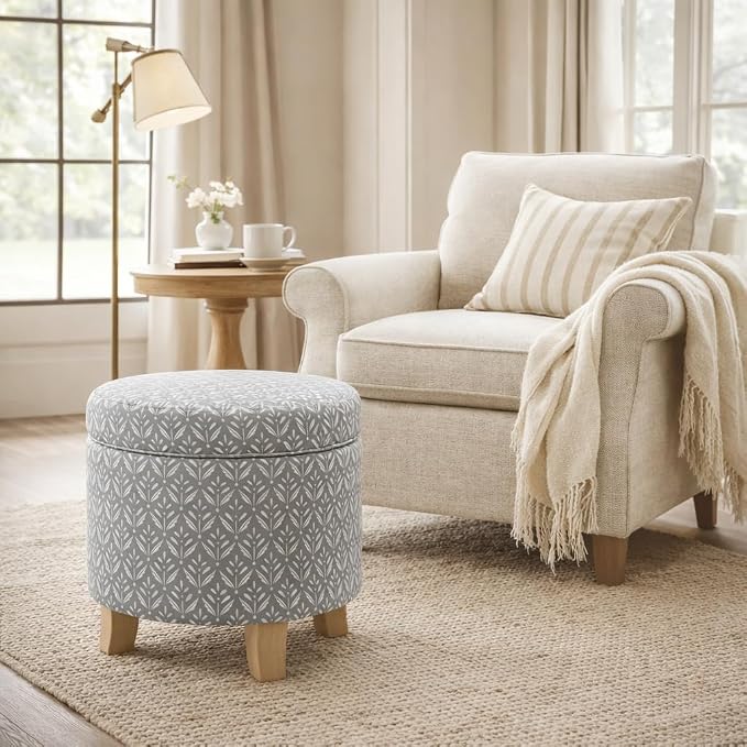 HomePop 19" Round Storage Ottoman - Light Grey Print