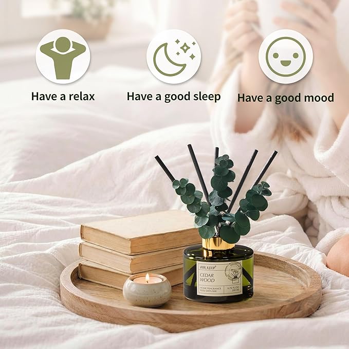 Airkeep Reed Diffuser Set with 6.76 fl oz Cedar Wood Scent Essential Oils and 3 Leaves & 8 Diffuser Sticks,Bathroom Shelf Decor & Air Freshener, House Bedroom Office Decor & Gifts