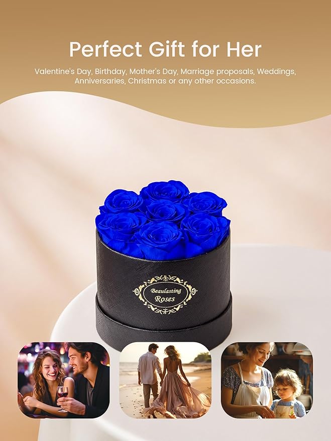 Beaulasting Long Lasting Preserved Roses in a Box Last a Year Forever Flowers for Her Mom Wife Anniversary Birthday (Round Black Box, Royal Blue)