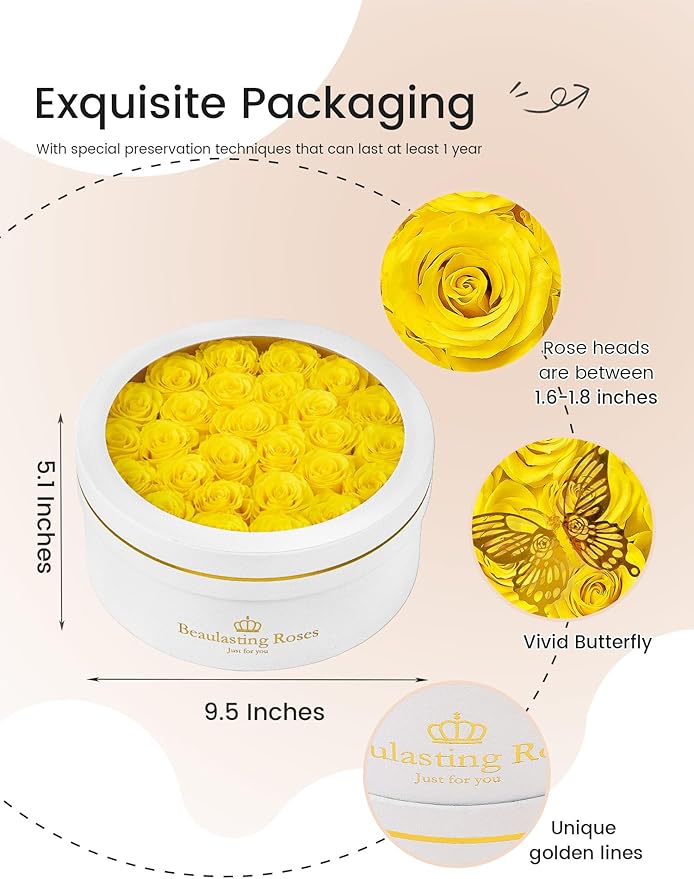 27 Preserved Roses Forever Flowers Real Roses in a Box Mother's Day Birthday Flowers for Her Mom Women Wife Valentine's Day, Yellow Roses
