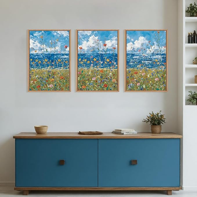 Large Blue Seaside Wildflower Framed Canvas Wall Art,Modern Nature Ocean Wall Decor,Rustic Sky Printing,White Cloud Landscape Artwork for Living Room,Bedroom,Dining Room-16"x24"x3