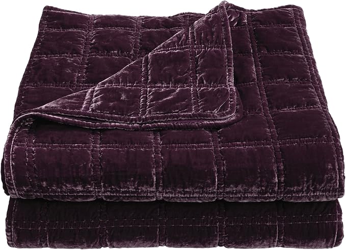 HiEnd Accent Stella Faux Silk Velvet Double Box Stitch 3 Piece Quilt Set, King Size, Dark Violet Solid Color, Classic Chic Modern Rustic Elegant Bedding Set, Lightweight Bed Set