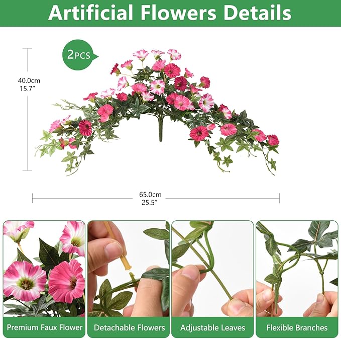 Artificial Fake Flowers Hanging Plants for Outdoor Spring Summer Decoration, 2Pcs Faux Petunias Realistic Silk Flower UV Resistant No Fade for Home Outside Garden Balcony Yard Porch Indoor (Rose Red)