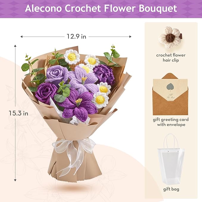 Alecono Crochet Flower Bouquet, Purple Knitted Flowers, Large Knitted Flower for Anniversary Party Christmas Festival Gifts for Her (Include Card)