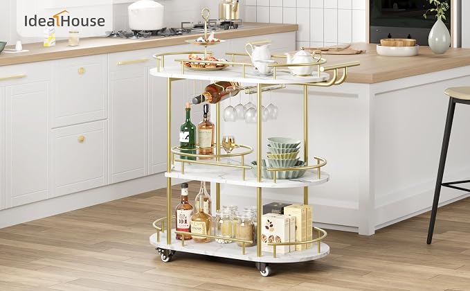 CABIHOME Gold 3-Tier Rotating Bar Cart with Wheels, Modern Serving Cart for Kitchen, Living Room, Dining Room