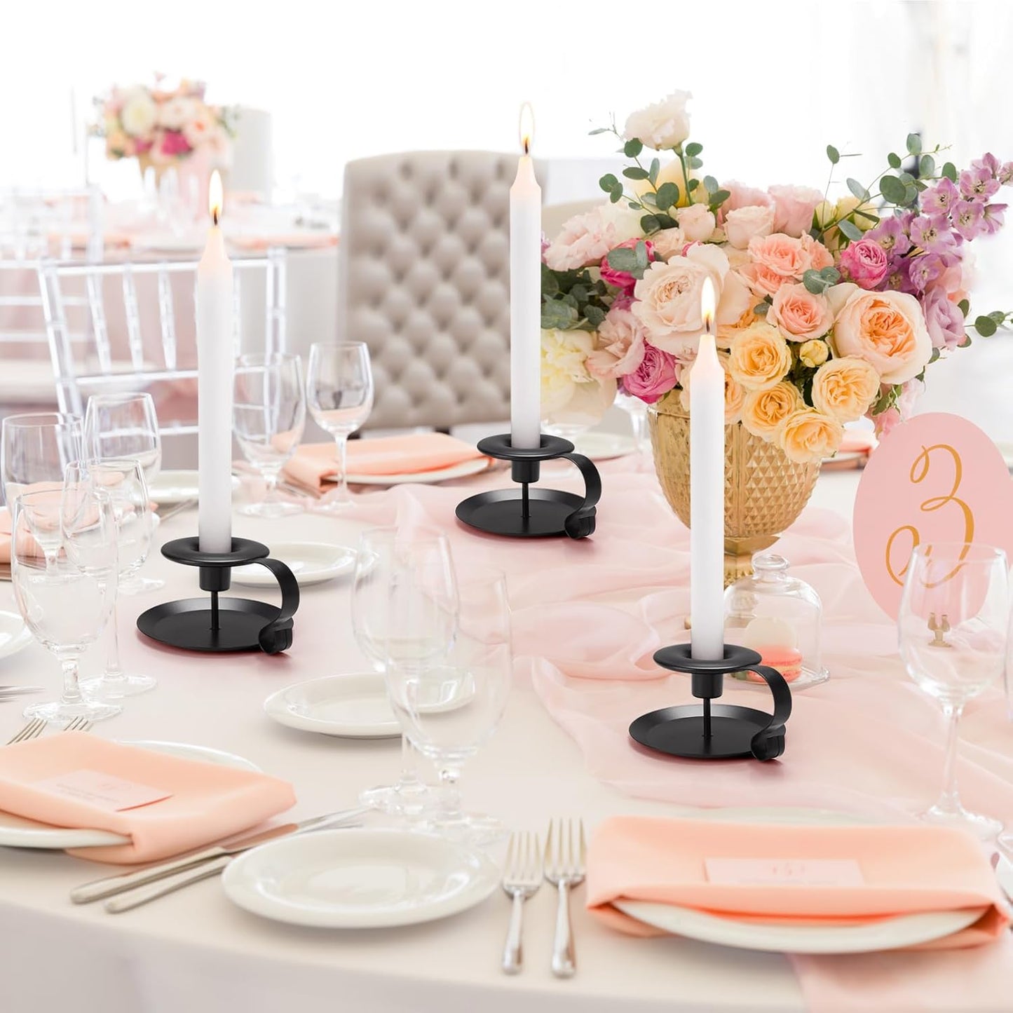 Black Metal Taper Candle Holders Set of 2, Vintage Chamberstick Candle Holder with Handle for Taper Candles, Farmhouse Rustic Candle Holders for Table Decor, Halloween Christmas Decoration