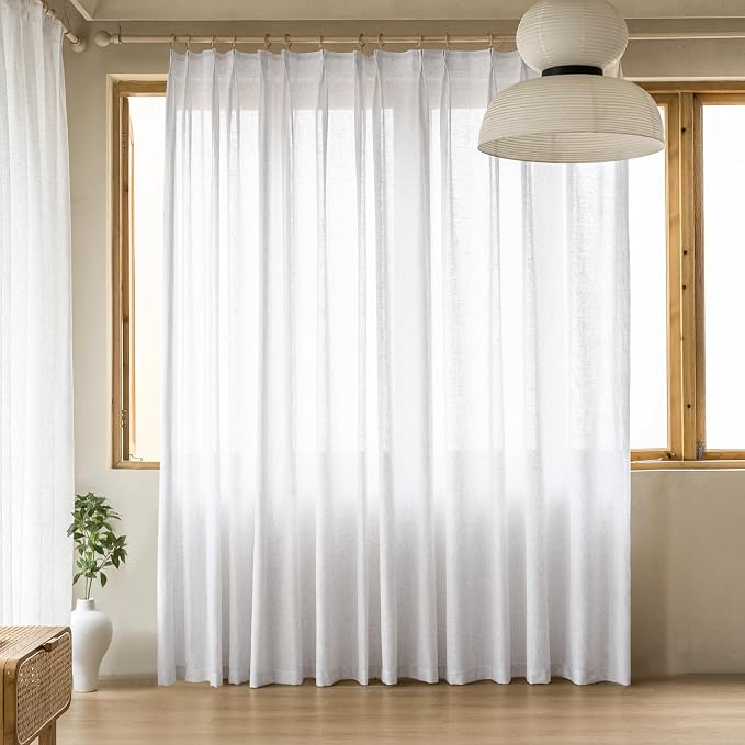 MAIHER White Semi Sheer Pinch Pleated Curtains 84 Inches Long Light Filtering Faux Linen Sheer Curtains Single Panel with Hooks for Traverse Rods Sliding Glass Door Living Room 54" W x 84" L