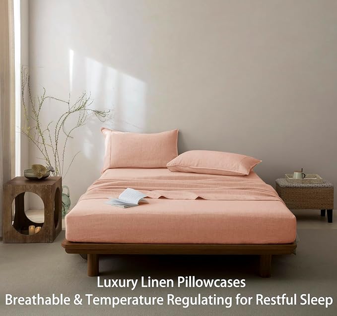 Talasily 100% French Linen Pillow Case King Size Set of 2,Oeko-TEX Certified Stone Washed Flax Pillow Shams with Envelope Closure - Breathable & Cooling for Hot Sleepers（Pink,20''x36''）