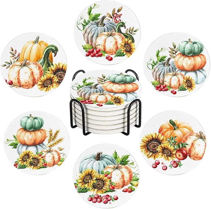 Drink Coasters for Drinks Set of 6, Autumn Pumpkins Sunflower and Berries Absorbent Round Ceramic Stone Mat Coaster, with Cork Base and Metal Holder, Home Bar Decor House Warming Gift