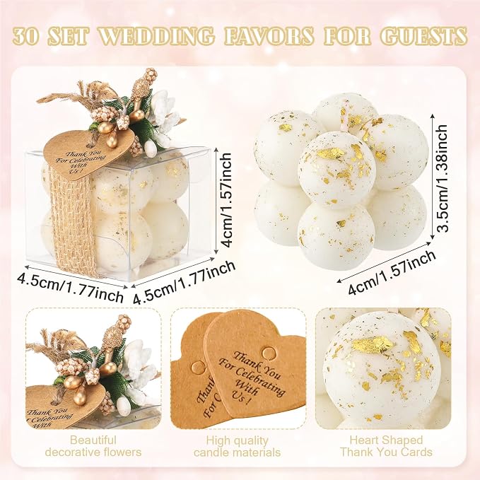 MTLEE Mini Bubble Candles Wedding Favors Gifts for Guests 1.57" x 1.38" Bubble Candles with Cards Dried Flowers DIY Gift Set for Baptism Party Bridal Shower Thank You Gifts(Gold Foil,30 Sets)
