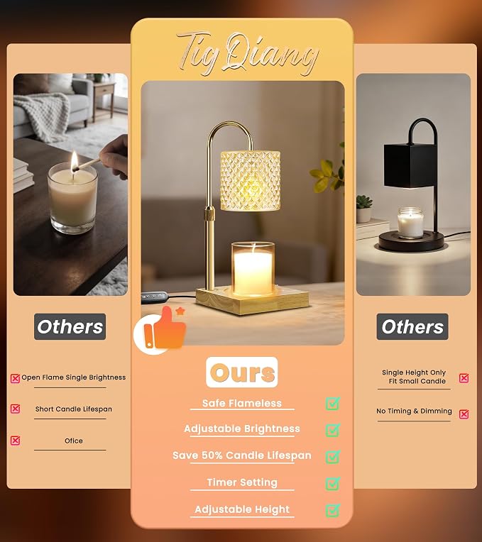 TigQiang Adjustable Height Candle Warmer Lamp with Timer Dimmer, Birthday Gifts for Women, House Warming Gifts, Elegant New Home Decor, Wax Warmer for Jar Candles, Heater Lamp for Scented Wax, Amber