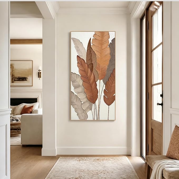 SAFERRYHOME Large 3D Leaves Hand Painted Wall Art, Textured, 27"x58" | Modern Textured Plant Framed Canvas Wall Decor, Contemporary 3D Leaf Painting Minimalist Artwork for Home Office Living Room